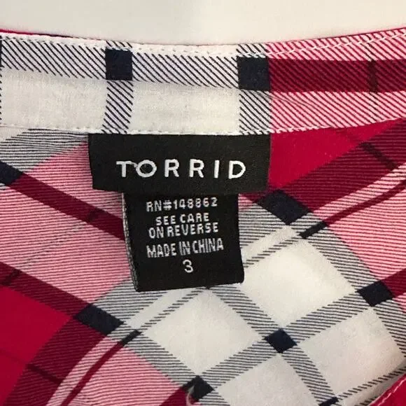Torrid Emma Tunic Womens 3X Red Pink Plaid Babydoll Challis Button-Front Top - Picture 6 of 10